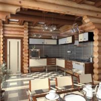 variantă a decorului luminos al bucătăriei într-o imagine de casă din lemn