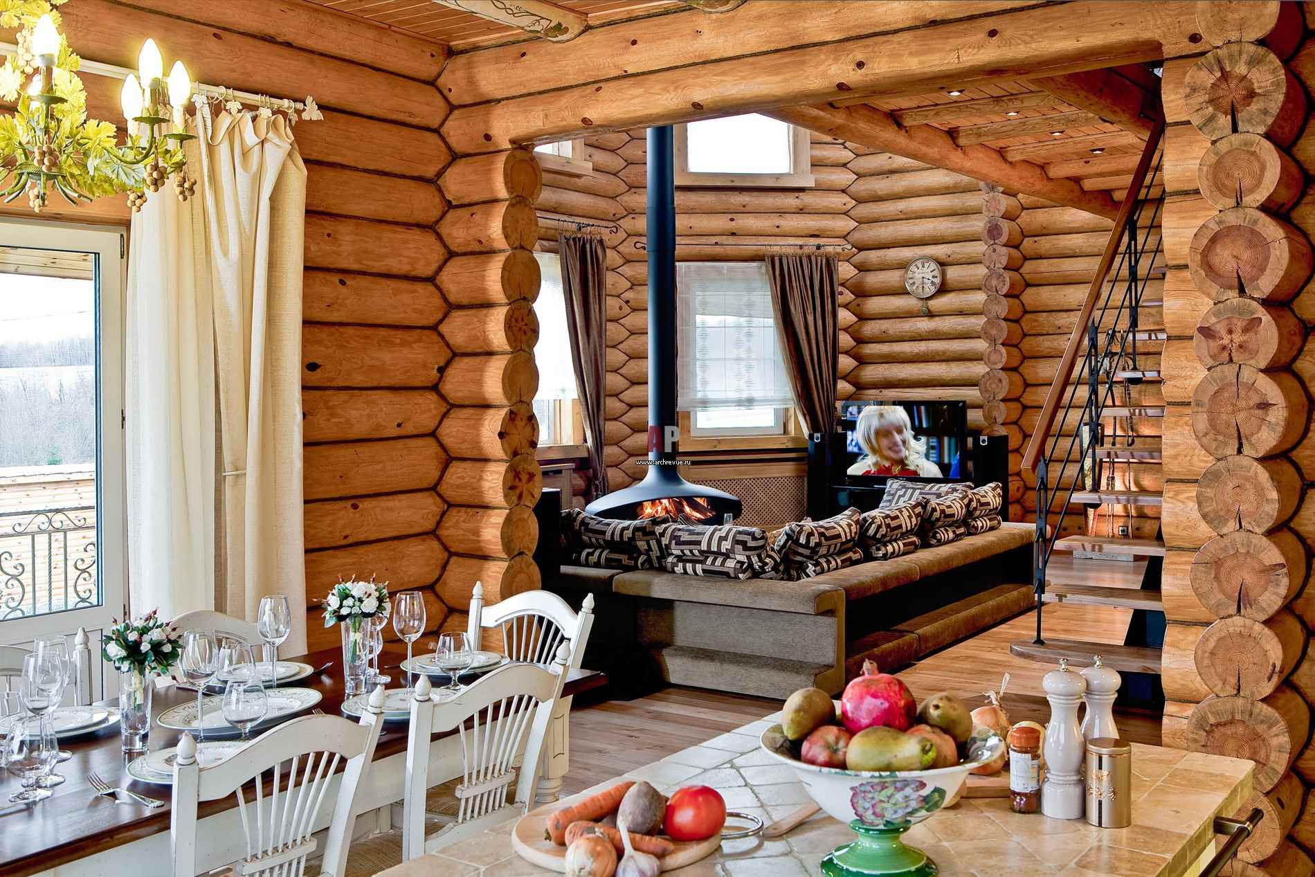 ideea unui design frumos de bucătărie într-o casă din lemn