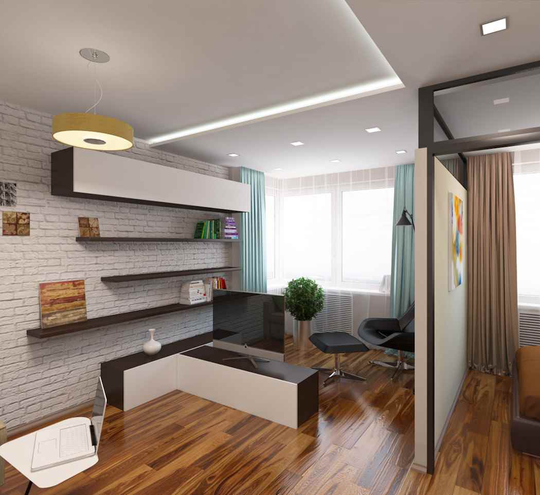 Studijas tipa dzīvokļa gaišā interjera piemērs 26 kvadrātmetru platībā