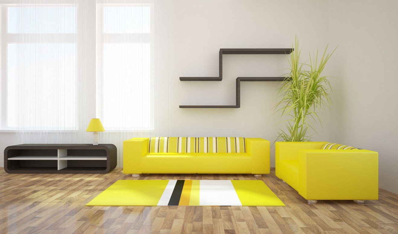 pilihan untuk menggunakan warna kuning yang luar biasa di bahagian dalam apartmen