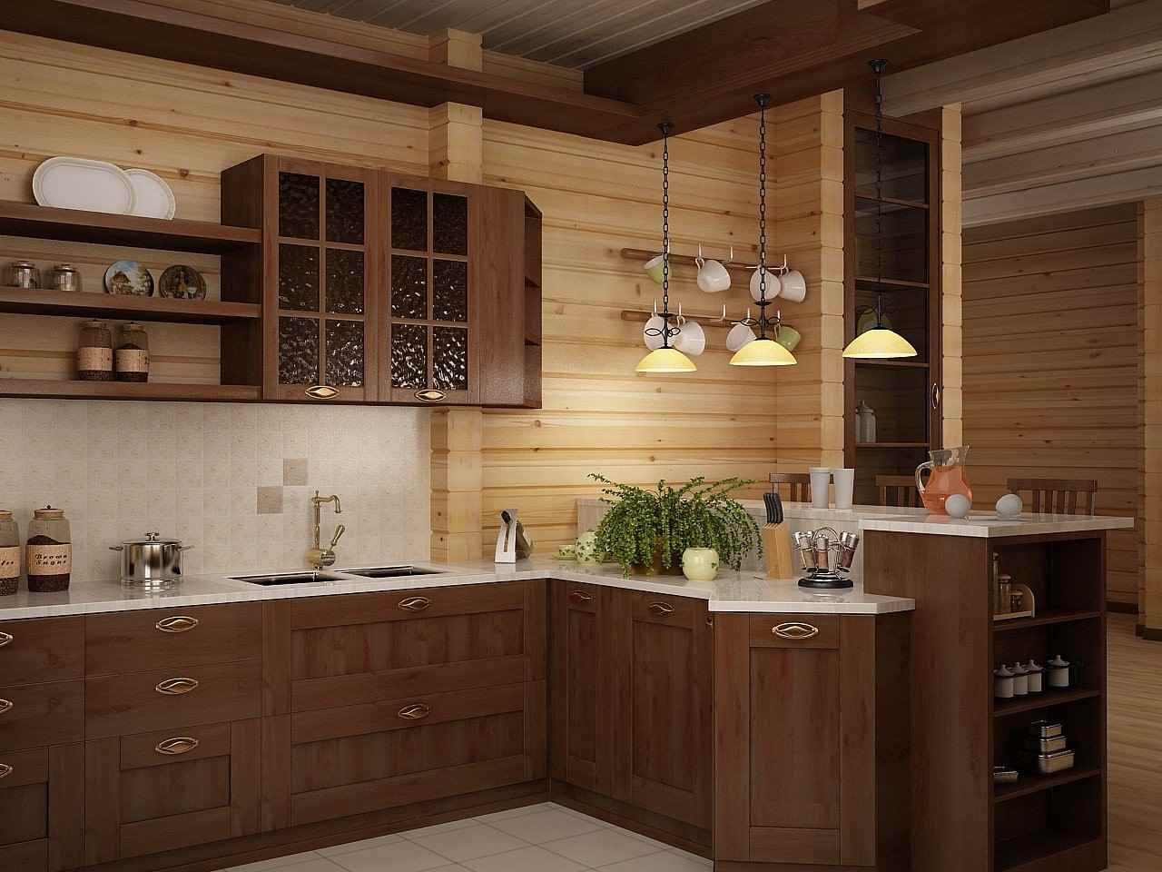 ideea unui frumos decor de bucătărie într-o casă din lemn