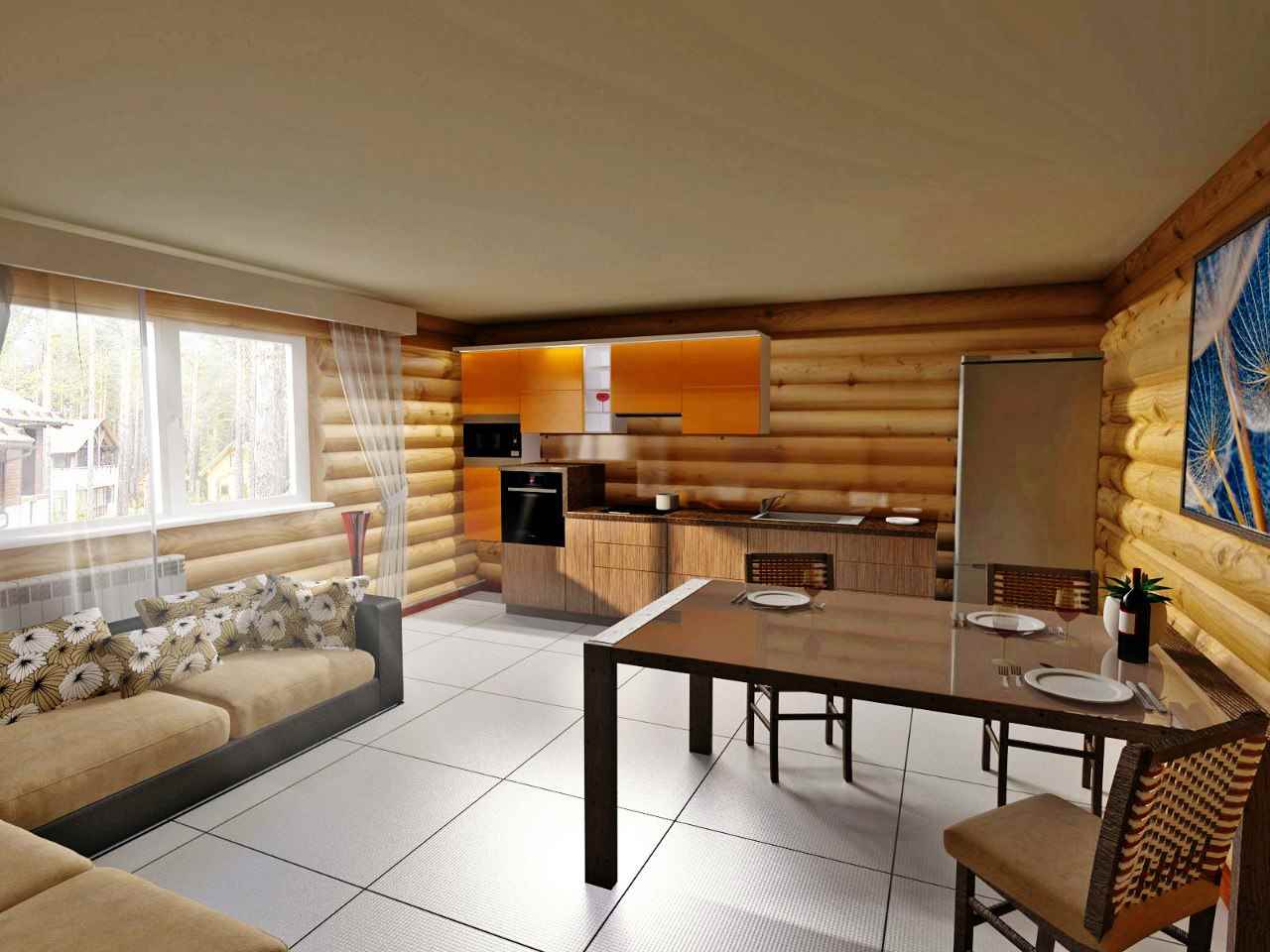 šviesaus virtuvės dizaino mediniame name pavyzdys