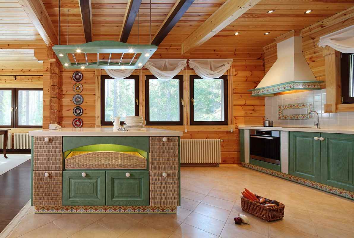idea of ​​a light decor of a kitchen in a wooden house