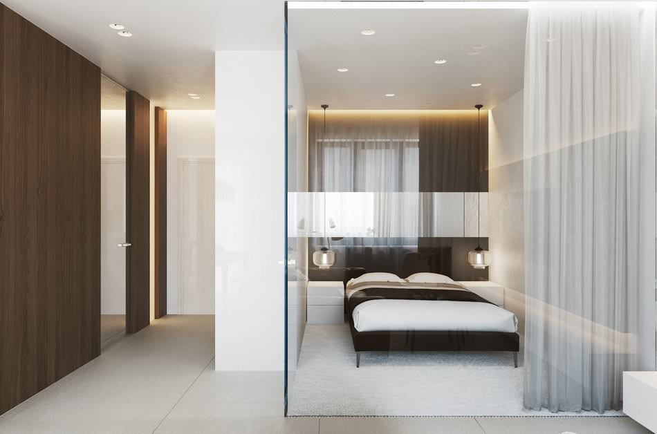 design al unei garsoniere 33 m2 cu dormitor din sticlă
