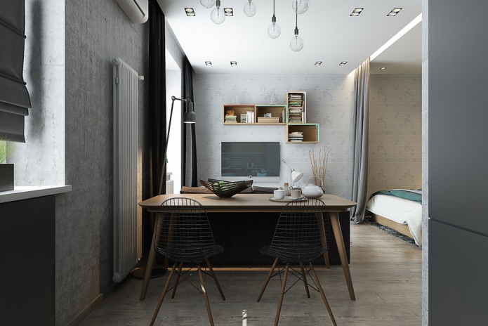 33 m2 studio dizajn sa spavaćom sobom u niši