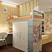 proiectează un apartament cu o cameră cu un pat supraetajat pentru copii