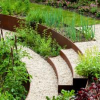 tuin met bedden bij het huisje foto-ontwerp