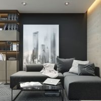 Design obývacího pokoje v šedé a černé barvě.