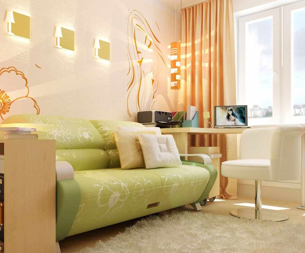 neparasta persiku krāsas apvienojuma variants dzīvokļa dekorā