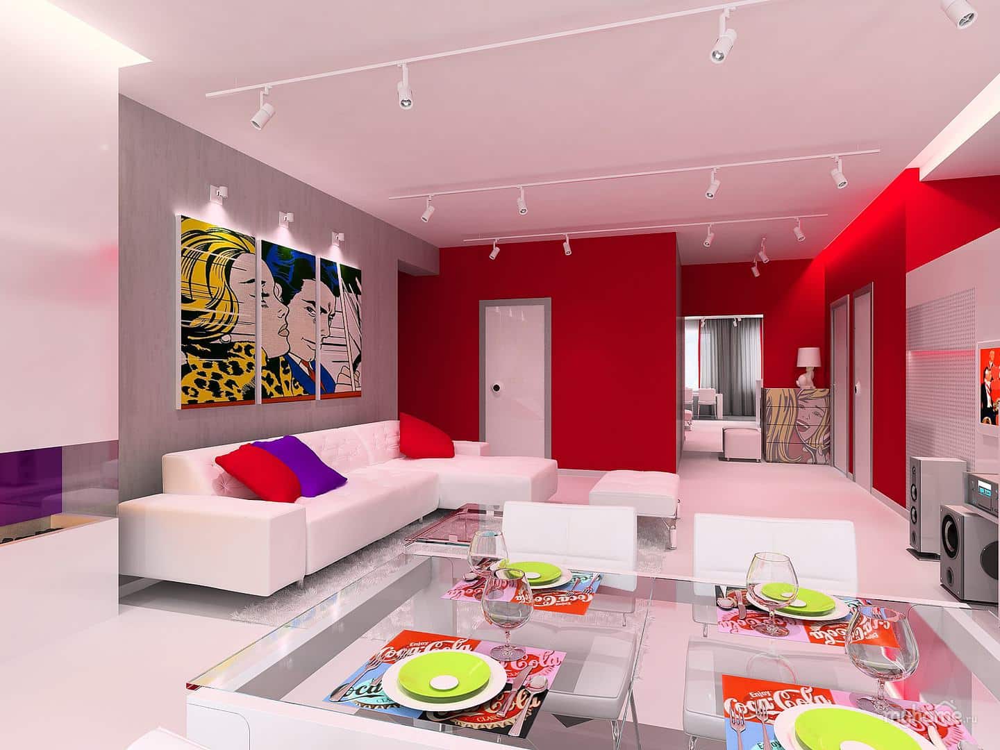 Ideea unui decor luminos de apartament în stilul pop art