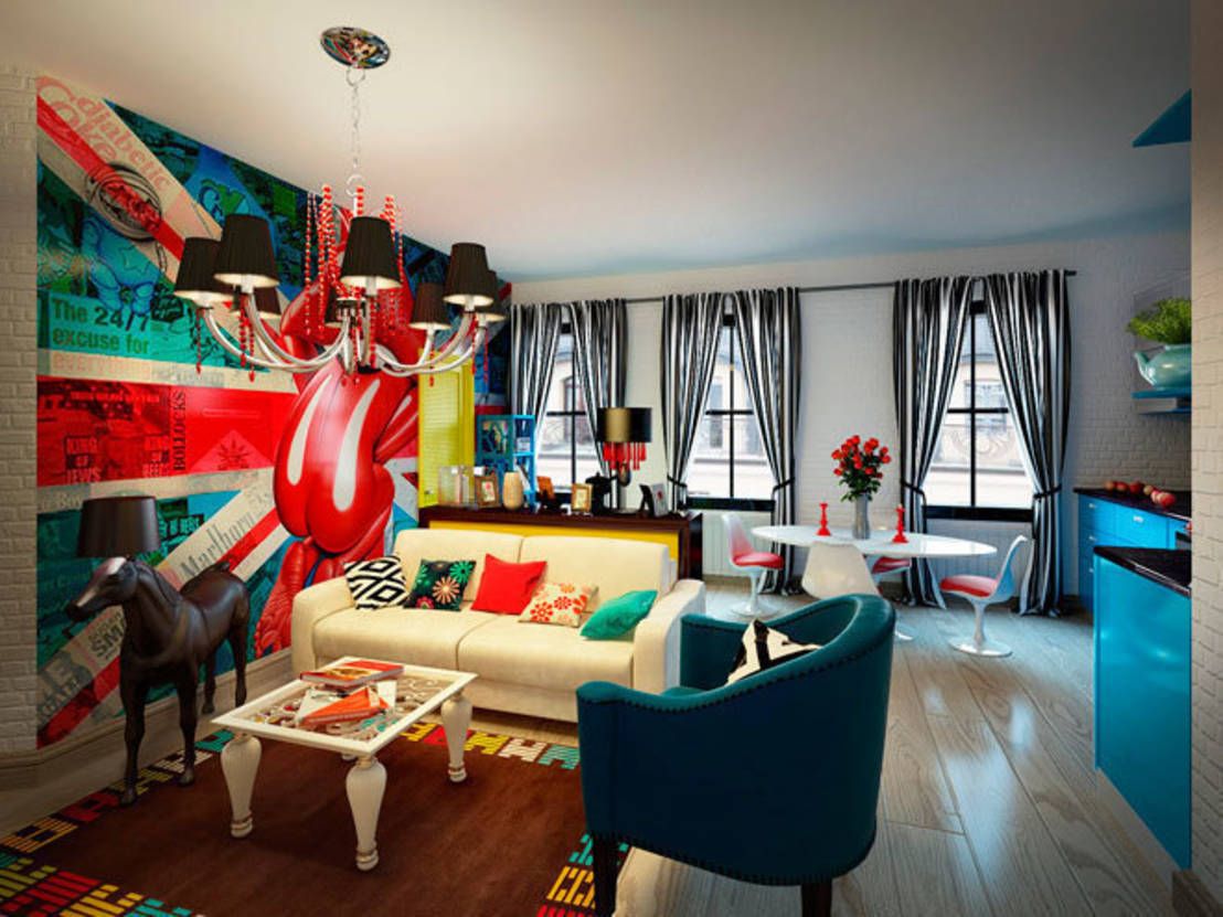 un exemplu de apartament interior luminos în stilul pop art