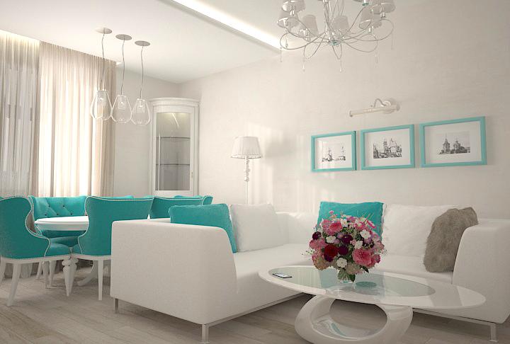 Woonkamer interieur in heldere kleuren en lichte meubels.