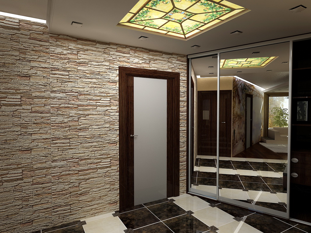 Облицовка с декоративна каменна стена в коридора и огледален шкаф