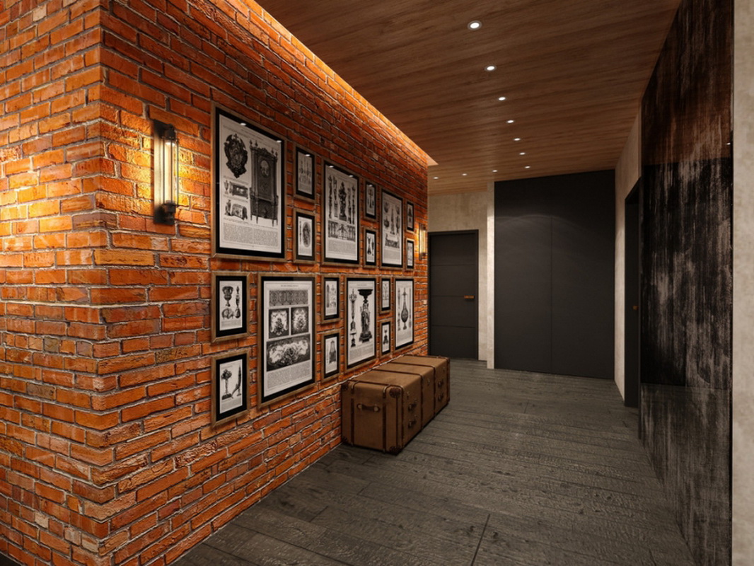Loft hallway dengan pelapis dinding batu hiasan