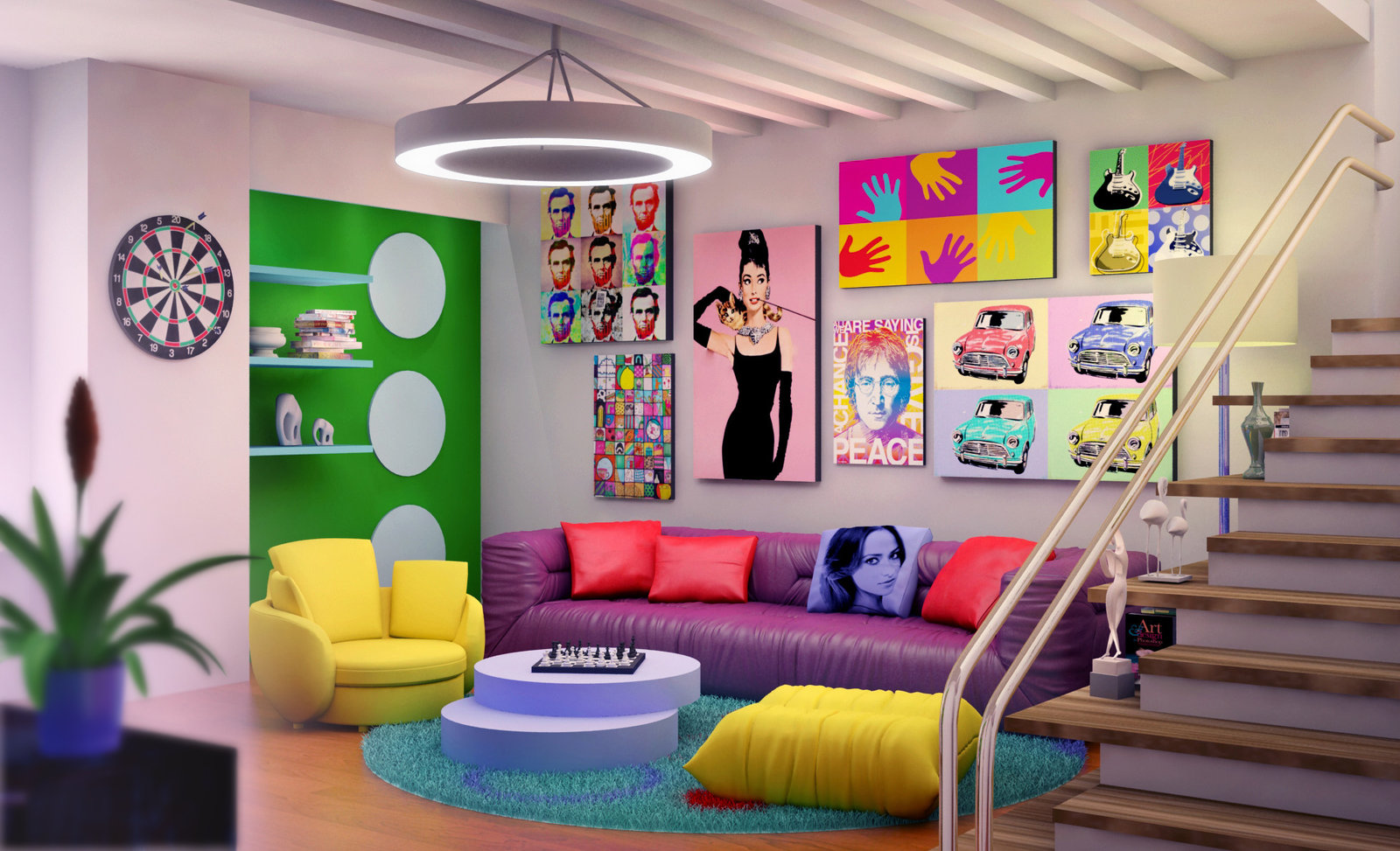 šviesaus namo interjero variantas pop meno stiliaus