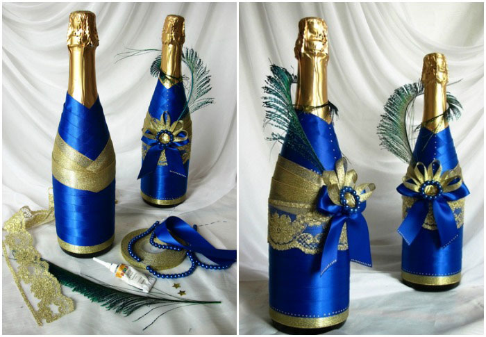 Bir düğün için DIY şampanya şişesi dekoru