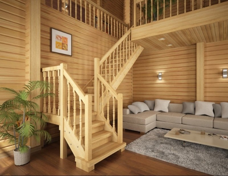 Drveno stubište od bora u unutrašnjosti dnevne sobe privatne kuće