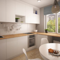 Šviesiai pilkos spalvos virtuvės fasadai studijos tipo apartamentuose