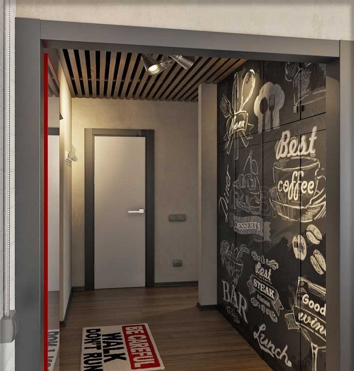 Suprojektuokite prieškambarį su šiferio lenta vieno kambario bute