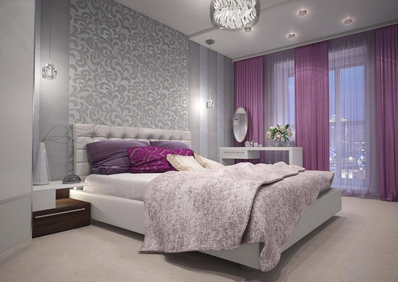 Сиво-лилав интериор на спалнята на градски апартамент