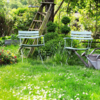 Dārza krēsli uz zaļa zāliena