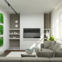 Šedé výklenky a bílé stěny v interiéru malého obývacího pokoje