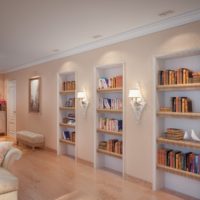 Domácí knihovna ve výklencích na stěně obývacího pokoje
