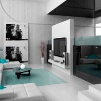 Design alb-negru al camerei de zi a unei case de țară