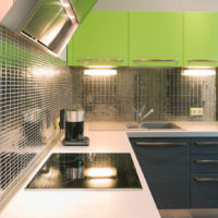 Veidrodiniai mozaikos ir žali fasadai virtuvės dizaine