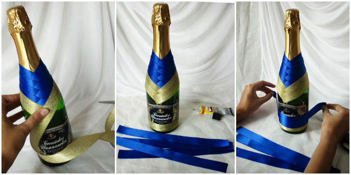 Kurdele ile DIY şampanya şişesi dekorasyonu