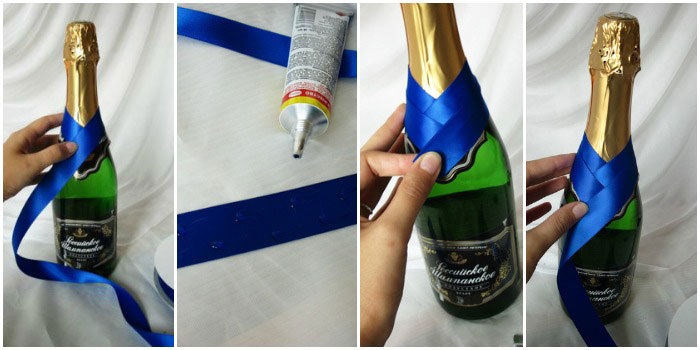 DIY lepení saténovou stuhou na láhev šampaňského