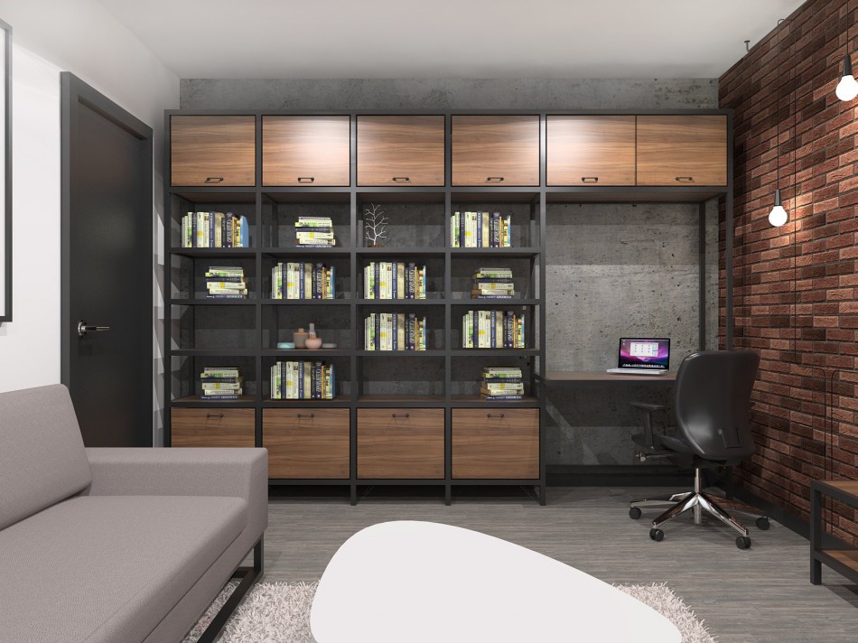 Boekenkast in het ontwerp van een studio-appartement in een paneelhuis uit de p44t-serie