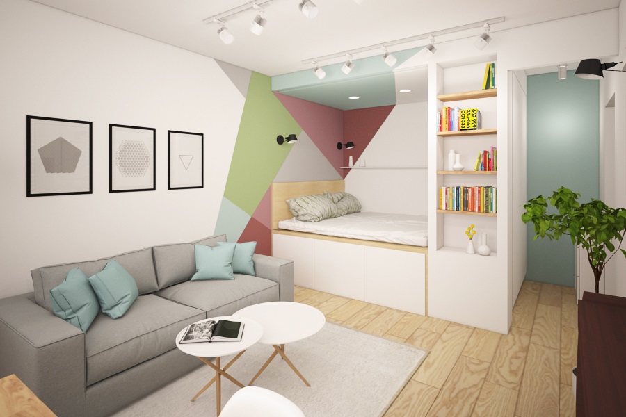 Легло на подиума в дизайна на студио апартамент