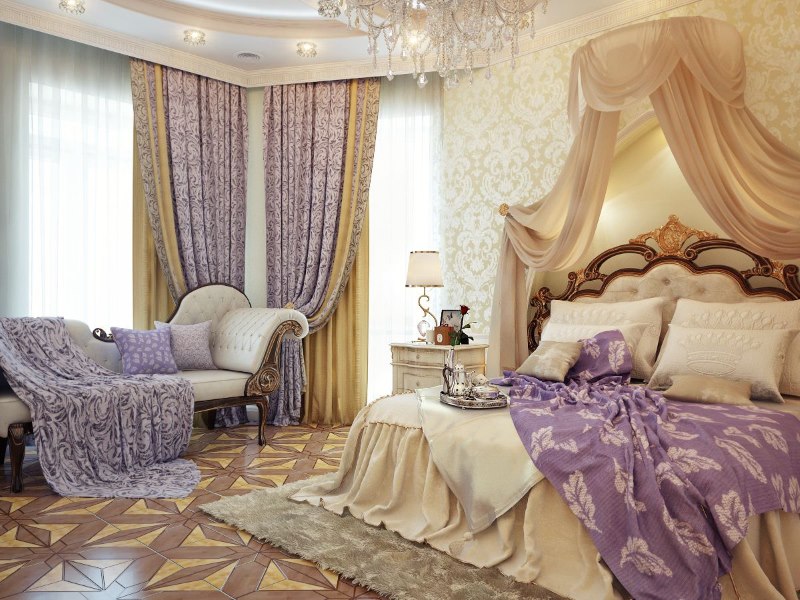 Interior dormitor clasic maro cu accente de lavandă