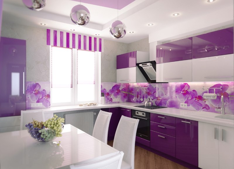 Lavendelkleur in het interieur van de stedelijke keuken