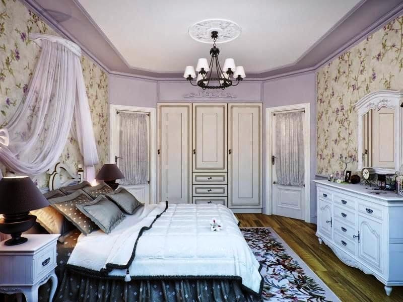 Dormitor în stil Provence cu forme de perete