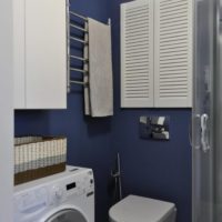Zilas sienas un balta santehnika vannas istabā