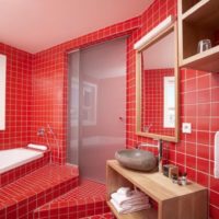Jubin merah dalam reka bentuk bilik mandi