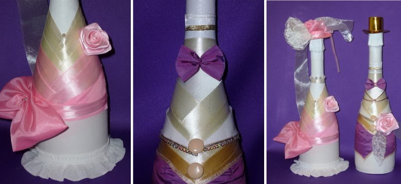 Декор на бутилка шампанско чрез оцветяване и залепване с панделки