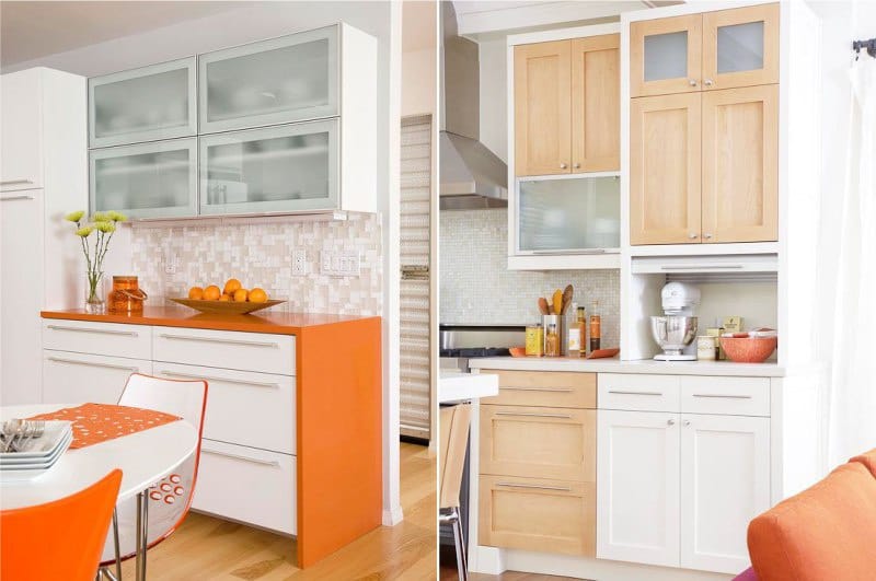 Design kuchyně s oranžovou pracovní deskou a zářivými doplňky