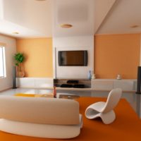 Moderní obývací pokoj s oranžovým kobercem