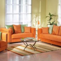 Obývací pokoj venkovského domu s oranžovými pohovkami