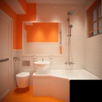 Balta oranžinė ir juoda spalvos vonios kambario dizaine