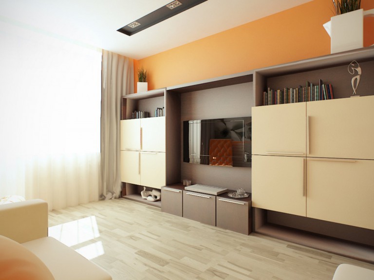 Oranžinės ir smėlio spalvos derinys gyvenamojo kambario dizaine