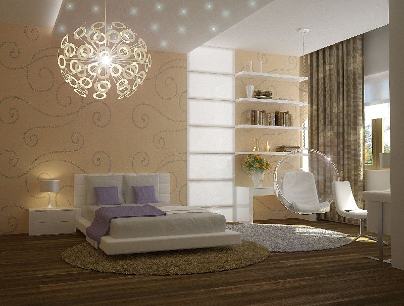 Dekoratyvinė lubų lempa miesto buto miegamajame