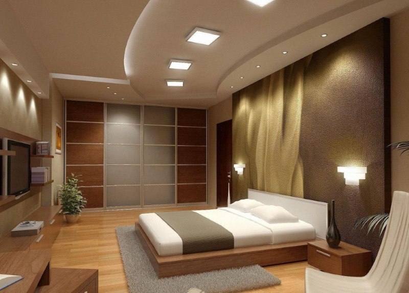 Tavan combinat cu lumini încastrate în interiorul dormitorului