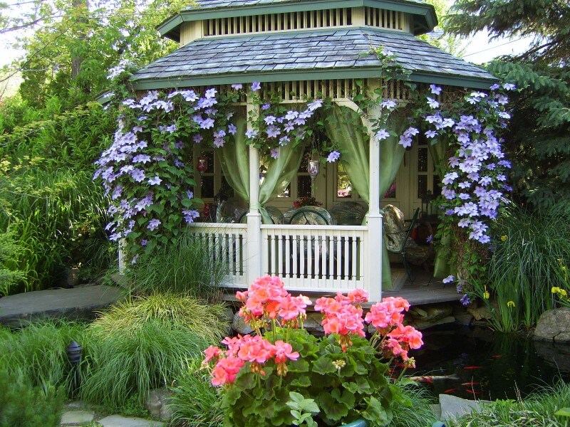 Decoratie van een tuinhuisje met bloeiende planten