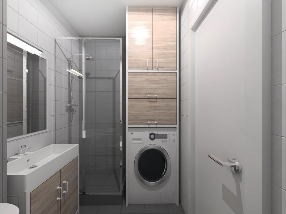 Duša un veļas mašīna studijas tipa dzīvokļa vannas istabā
