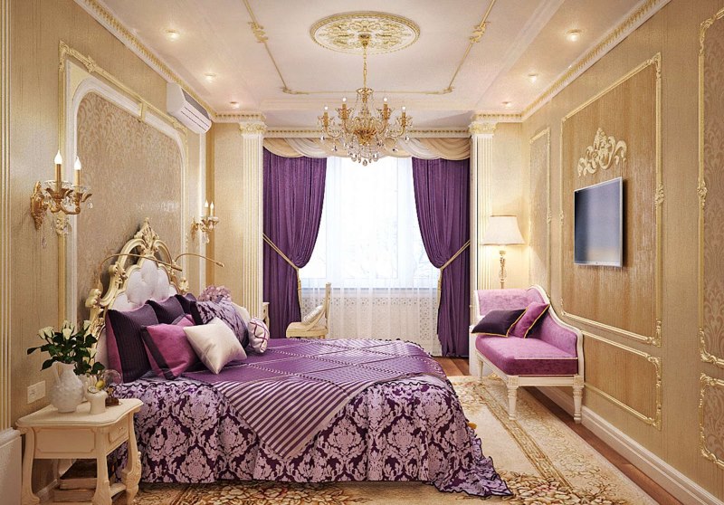Богат интериор на спалнята в злато с акценти от лавандула