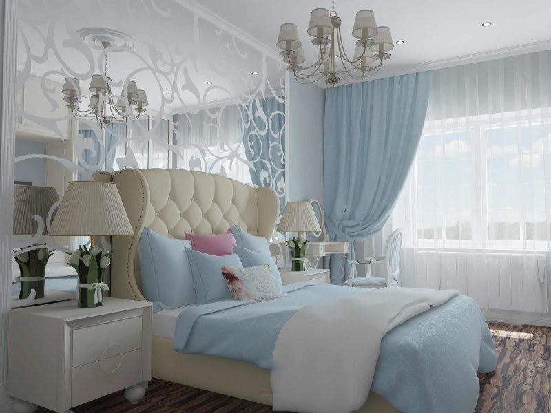 Interiorul unui frumos dormitor în tonuri de albastru pal